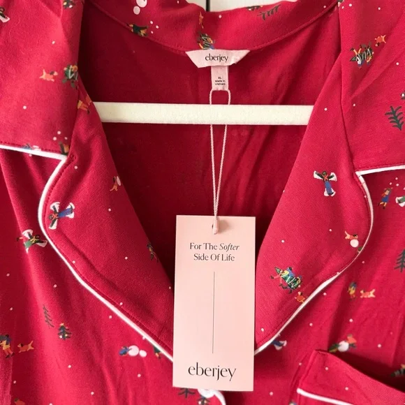 NWT Eberjey Gisele Printed Long Pajama Set Nutcracker Holly Red & Ivory Size XL - Picture 7 of 14